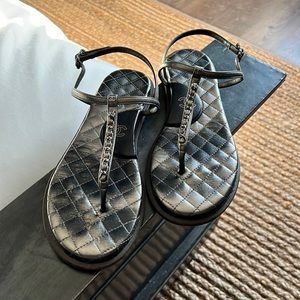 Chanel t strap sandal 41C green metallic and gunmetal hardware